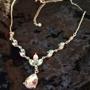 Eve Lavander  and Green Rhinstone Necklace with Teardrop Pendant 18+4 In Long